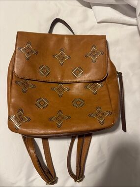 Fossil Cognac Leather Backpack with Blue Tassel